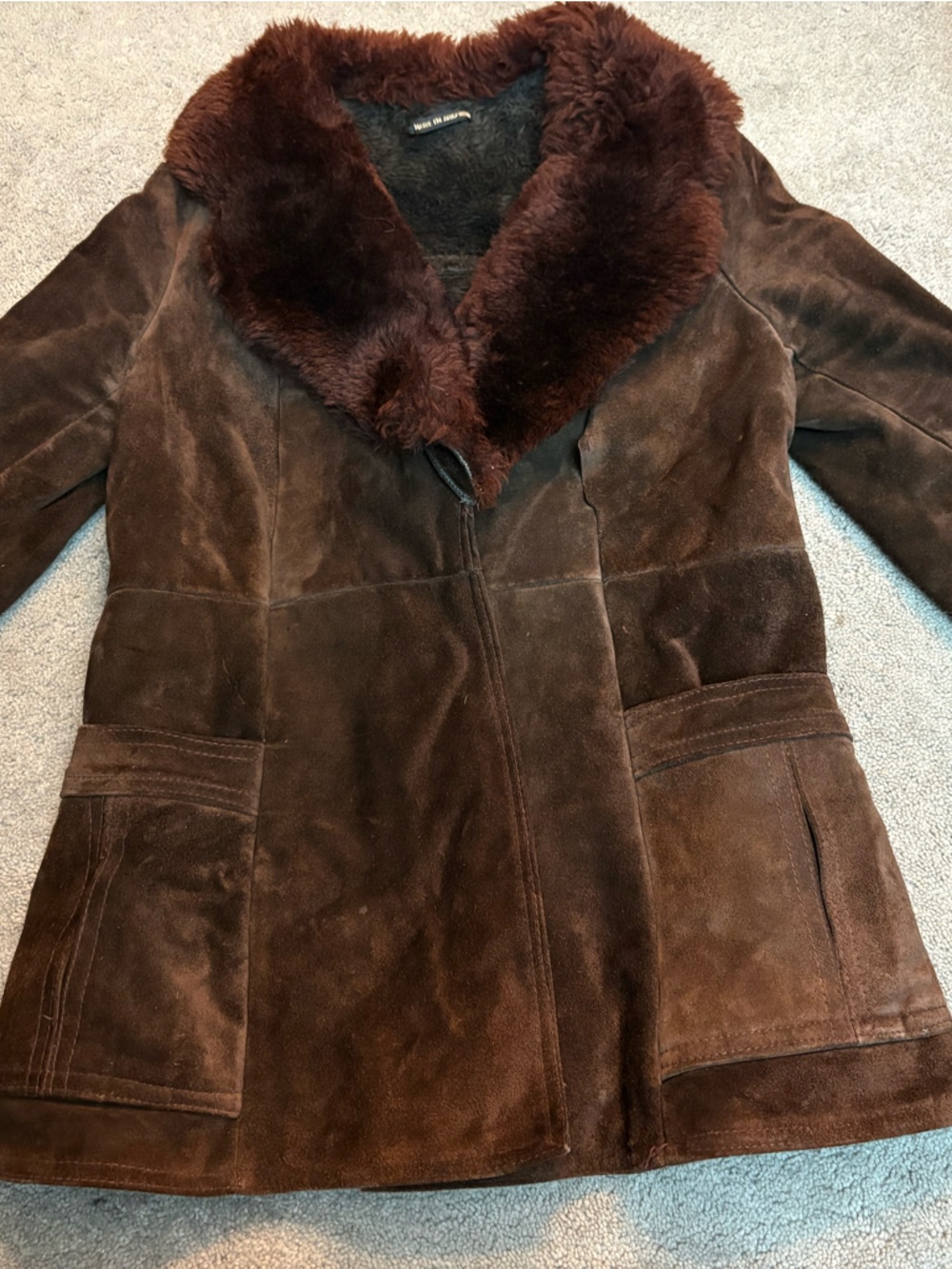 Women’s Brown Suede Shearling Coat with Plush Collar
